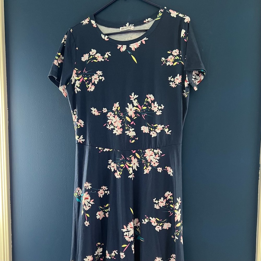 Navy Floral Comfy Round Neck Skater Dress, Size Large